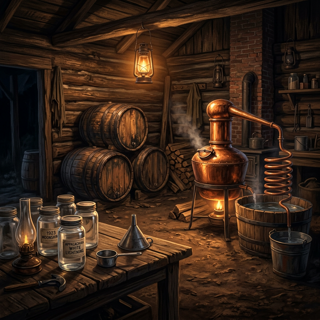 Brewing moonshine at a copper still in Bootlegging, a 1920s Prohibition survival crafting game